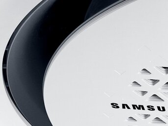 Naheaufnahme einer Samsung 360-Grad-Kassette mit Luftauslassstruktur, weiß mit schwarzem Rand, für gleichmäßige Luftzirkulation | © Samsung