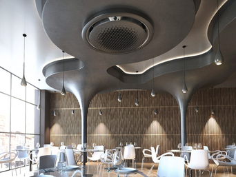 Samsung 360-Grad-Kassette an der Decke eines modernen Restaurants, mit umliegenden hängenden Lampen und einem eleganten, organisch geformten Deckendesign für gleichmäßige Luftzirkulation. | © Samsung