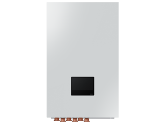 Samsung EHS Hydro-Unit in Weiß, mit Display und Rohranschlüssen an der Unterseite. Sie ist Teil des Wärmepumpensystems für effiziente Heizungslösungen. | © Samsung