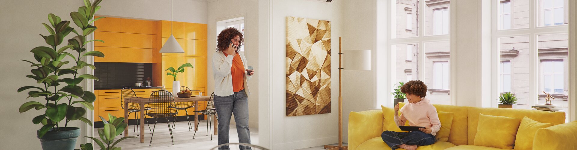 Moderne Wohnzimmerszene mit einer Person, die Kaffee trinkt, und einer anderen, die auf dem Sofa mit einem Tablet sitzt. Ein Samsung Klimagerät an der Wand sorgt für angenehme Raumtemperatur